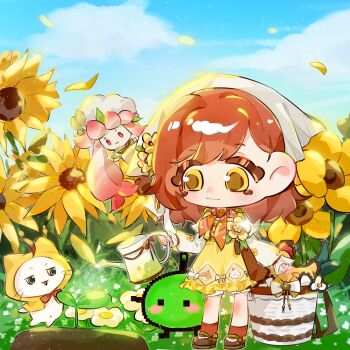 1girl ahoge animal ankle_socks apple basket bird black_ribbon black_shoes bloomers blue_sky bow bowtie brooch brown_hair cat center_frills chibi chicken chicken_print cloak closed_mouth clothed_animal cloud country_lolita cross-laced_clothes cross-laced_dress dot_nose dress ear_covers eyelashes field floral_print flower flower_brooch flower_field food food-themed_creature footwear_flower frilled_dress frilled_sleeves frills fruit green_apple grey_headscarf happy headscarf highres holding holding_water_gun hood hood_up hooded_cloak infinity_nikki jewelry junimo knees light_blush light_particles lolita_fashion long_sleeves luuuuli mary_janes medium_hair momo_(nikki) navel nikki_(series) open_mouth orange_scarf orange_socks petals pinafore_dress posy_(infinity_nikki) puffy_long_sleeves puffy_sleeves red_bow red_bowtie ribbon ribbon_legwear scarf shirt shoes short_dress sky sleeveless sleeveless_dress sleeves_past_wrists smile socks sparkle sprout stardew_valley stardew_valley_encounter_(infinity_nikki) sunflower traditional_bowtie underwear water_gun watering whiskers white_bloomers white_cat white_shirt yardling_(infinity_nikki) yellow_cloak yellow_dress yellow_eyes yellow_flower