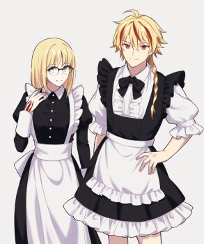 Rule 34 | 1boy, 1girl, ahoge, apron, black-framed eyewear, black bow, black bowtie, black dress, blonde hair, blue eyes, bow, bowtie, braid, braided ponytail, command spell, commentary request, crossdressing, crossdressing (mtf), dress, fate/strange fake, fate (series), frilled apron, frilled dress, frills, fuoro, glasses, highres, long hair, long sleeves, looking at viewer, maid, male maid, medium hair, multicolored hair, red eyes, red streaks, richard i (fate), sajou ayaka (fate/strange fake), shirt, simple background, single braid, smile, streaked hair, two-tone hair, waist apron, white apron, white background, white shirt