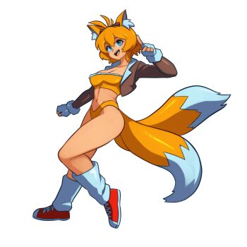 1girl absurdres animal_ear_fluff animal_ears aqua_eyes bikini blonde_hair blue_eyes bra breasts brown_jacket cleavage collared_jacket commentary cropped_jacket english_commentary fingerless_gloves fox_ears fox_tail furry furry_female genderswap gloves goggles goggles_on_head highres humanization index_finger_raised jacket kneehighs large_ears large_tail lingerie looking_at_viewer loose_socks millie_tails_prower multiple_tails open_clothes open_jacket open_mouth partially_fingerless_gloves pointing red_shoes shoes short_hair socks sonic_(series) swimsuit tail tails_(sonic) tan thighs thong thong_bikini two_tails underwear white_gloves white_socks yellow_bikini yellow_tail