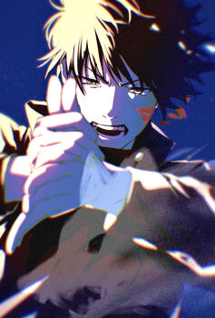 1boy black_eyes black_hair blue_background fushiguro_megumi gloves gyokuken highres jujutsu_kaisen kuropani_cos long_sleeves looking_at_viewer male_focus open_mouth short_hair solo upper_body wolf