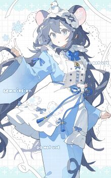1girl :o ame_ame animal_ears apron blue_bow blue_bowtie blue_eyes blue_hair blue_kimono bow bowtie commission cowboy_shot double-parted_bangs grid_background hair_between_eyes hairband hand_up highres japanese_clothes kimono long_hair mihuashi_commission mouse_ears mouse_girl open_mouth original sleeve_bow solo watermark white_apron white_hairband