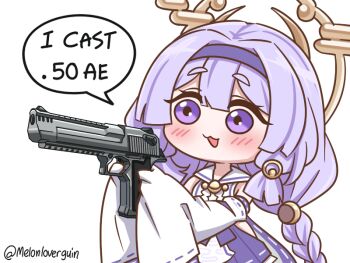 1girl :d blush braid chibi clothing_cutout commentary desert_eagle english_commentary english_text guin_guin gun halo handgun hip_vent holding holding_gun holding_weapon long_hair low_twintails open_mouth pleated_skirt purple_eyes purple_hair purple_skirt ribbon-trimmed_sleeves ribbon_trim sailor_collar shide simple_background skirt sleeves_past_fingers sleeves_past_wrists smile solo trickcal twin_braids twintails twitter_username very_long_hair weapon white_background white_sailor_collar white_sleeves wide_sleeves yomi_(trickcal)