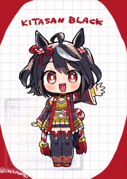 1girl ahoge animal_ears black_hair black_thighhighs blush bow breasts chanchanko_(clothes) chibi cleavage_cutout clothing_cutout detached_sleeves ear_ornament ear_ribbon hair_between_eyes hair_ornament horse_ears horse_girl horse_tail kitasan_black_(crowning_ooban)_(umamusume) kitasan_black_(umamusume) kouhaku_nawa looking_at_viewer multicolored_hair open_mouth red_eyes rope shimenawa short_hair smile solo streaked_hair sumikawa_(sumikawa8v) tail thighhighs umamusume waving white_hair
