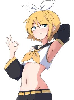 1girl absurdres aqua_eyes arm_warmers armpits blonde_hair bow closed_mouth commentary highres kagamine_rin looking_to_the_side navel neckerchief nickrougha no_panties ok_sign short_hair simple_background treble_clef vocaloid white_background white_bow yellow_neckerchief yellow_trim
