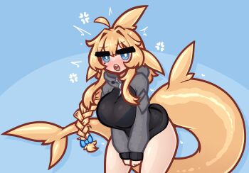 1girl black_hoodie blonde_hair blue_eyes braid breasts commentary english_commentary fins fish_tail hair_tie highres hood hoodie indie_virtual_youtuber limebreaker long_hair open_mouth pulling_own_clothes shark_fin shark_tail sharp_teeth single_braid solo tail teeth thick_eyebrows whiskey_project yellow_tail