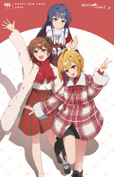2026 3girls absurdres ahoge arm_up blonde_hair blue_hair blush bow brown_hair coat commentary_request hair_flaps happy_new_year highres ibuki_tsubasa idolmaster idolmaster_million_live! jacket kasuga_mirai looking_at_viewer mogami_shizuka multiple_girls new_year one_side_up plaid_clothes plaid_jacket red_scarf scarf scarf_bow smile standing standing_on_one_leg strawberry_pop_moon_(idolmaster) v white_coat white_scarf yoshito