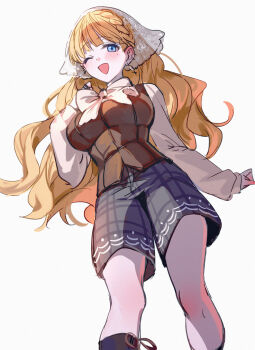 Rule 34 | 1girl, ;d, aki663, black shorts, blonde hair, blue eyes, bow, bowtie, braid, breasts, brown vest, chinese commentary, commentary request, feet out of frame, hand up, headscarf, highres, large breasts, long hair, long sleeves, looking at viewer, mahou shoujo no majo saiban, mole, mole under eye, official alternate costume, one eye closed, open mouth, saeki miria, shirt, shorts, simple background, smile, solo, standing, treasure cafe, vest, white background, white bow, white bowtie, white shirt