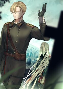 Rule 34 | 2boys, arm up, belt, belt pouch, blonde hair, blue coat, buttons, charon (reverse:1999), closed mouth, coat, covered face, cowboy shot, cross, dog tags, double-breasted, dutch angle, eberhard braun, gloves, graveyard, green jacket, green pants, grey sky, hibise, highres, holding, holding dog tags, holding notebook, jacket, military uniform, multiple boys, notebook, outdoors, pants, pouch, reverse:1999, sam browne belt, short hair, sky, smile, tombstone, veil, white gloves, white veil