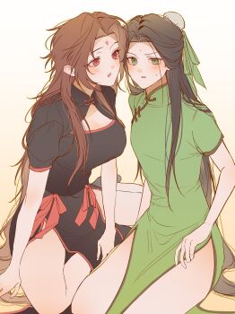 2girls alternate_costume bindi black_dress black_hair blush bow breasts brown_hair bun_cover china_dress chinese_clothes cleavage_cutout clothing_cutout cowboy_shot curled_fingers curtained_hair dress dress_bow facial_mark forehead_mark genderswap genderswap_(mtf) gradient_background green_dress green_eyes half_updo high_collar highres large_breasts long_hair looking_at_viewer luo_binghe messy_hair multiple_girls open_mouth pankou parted_bangs parted_hair pelvic_curtain red_bow red_eyes renzha_fanpai_zijiu_xitong shen_qingqiu short_sleeves side_slit sitting small_breasts squid_0930 v-shaped_eyebrows very_long_hair white_background wolf_cut yellow_background zuiyin