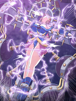 1girl absurdres baketsumuri blonde_hair blue_boots blue_eyes boots breasts byser_shock cleavage commentary_request crucifixion dark_magician_girl duel_monster electrocution green_eyes head_back highres large_breasts long_hair no_headwear pelvic_curtain restrained ryona spikes textless_version vambraces yu-gi-oh!