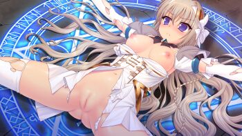 1girl blonde_hair blue_eyes blush bottomless bow braid breasts breasts_apart breasts_out brown_hair censored closed_mouth detached_collar detached_sleeves dress elbow_gloves frown game_cg genseishinki_sacred_virth gloves hair_between_eyes hair_bow hair_spread_out hairband large_variant_set long_hair lying magic_circle magical_girl medium_breasts mosaic_censoring navel nipples no_panties non-web_source official_art on_back outstretched_arms purple_eyes pussy sacred_claire short_sleeves solo spread_arms spread_legs thighhighs tierna_aeride_throne torn_clothes torn_dress torn_gloves torn_sleeves torn_thighhighs variant_set very_long_hair white_bow white_gloves white_thighhighs yuugure_pairo