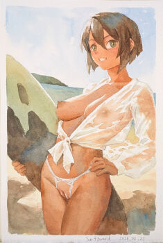 Rule 34 | 1girl, beach, bigrbear, breasts, brown hair, cleavage, cowboy shot, crop top, crotchless, crotchless panties, dated, front-tie top, green eyes, hand on own hip, highres, lingerie, long sleeves, medium breasts, naked shirt, nipples, ocean, one breast out, original, outdoors, painting (medium), panties, photo (medium), pussy, see-through clothes, see-through shirt, shirt, short hair, sky, smile, solo, standing, surfboard, traditional media, underwear, watercolor (medium), white panties, white shirt