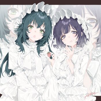2girls 4_ge absurdres alternate_costume bow commentary dress food food_on_face frilled_dress frilled_hairband frilled_sleeves frills fruit gakuen_idolmaster green_eyes green_hair hairband hataya_misuzu highres idolmaster letterboxed lolita_fashion long_hair long_sleeves looking_at_viewer multiple_girls purple_eyes purple_hair short_hair strawberry tsukimura_temari white_bow white_dress white_hairband zoom_layer