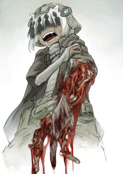 bleeding blood blood_drip blood_on_clothes blood_stain blue_eyes body_horror broken_arm broken_finger brown_capelet capelet cargo_pants character_request crying crying_with_eyes_open exposed_bone exposed_muscle facing_viewer green_pants grey_background grey_hat guro hand_on_own_arm hand_on_own_shoulder hat highres injury looking_at_self looking_down made_in_abyss murasamezensaen one_eye_covered pants screaming shirt streaming_tears tears torn_clothes torn_shirt upper_body white_arm_warmers white_hair white_shirt zombification