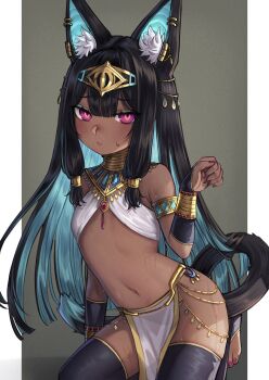 1girl :t absurdres ancient_egyptian_clothes animal_ear_piercing animal_ears armlet black_hair black_thighhighs blue_hair bracelet breasts cat_ears cat_girl cat_tail circlet colored_inner_hair dark-skinned_female dark_skin earrings gold_armlet gold_bracelet gold_circlet gold_collar highres if_you_want_to_become_a_godly_artist_(trend) jewelry kneeling long_hair looking_at_viewer low-tied_sidelocks mimicrutix multicolored_hair navel original pelvic_curtain pout purple_eyes raised_inner_eyebrows sidelocks sling_bikini_top small_breasts stomach sweat tail thighhighs toeless_legwear usekh_collar