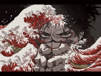 1boy absurdres bags_under_eyes bh20647 black_border black_hair boat border choso_(jujutsu_kaisen) facial_mark fine_art_parody hemokinesis highres jujutsu_kaisen kanagawa_okinami_ura letterboxed looking_at_viewer male_focus own_hands_together parody short_hair solo watercraft