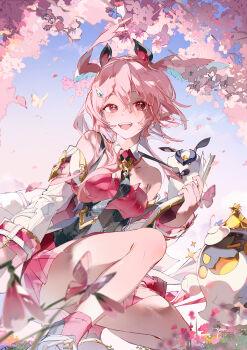 1girl aqua_wings bare_shoulders black_necktie blue_sky blush bug butterfly cherry_blossoms collarbone day detached_collar detached_sleeves dress genshin_impact hair_between_eyes hair_ornament hair_wings head_wings highres insect linnea_(genshin_impact) long_hair long_sleeves looking_back lumi_(genshin_impact) moonglow_firefly_(genshin_impact) necktie open_mouth outdoors pink_dress pink_eyes pink_hair pink_skirt pink_socks pink_wings pointy_ears skirt sky socks solo squatting teeth tree two-tone_wings upper_teeth_only white_sleeves wings yeurei