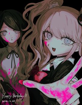 2girls black_background black_hair blonde_hair blood danganronpa:_trigger_happy_havoc danganronpa_(series) enoshima_junko fingernails highres ikusaba_mukuro looking_at_viewer multiple_girls nail_polish pink_blood red_nails siblings simple_background sisters tagme twins twintails