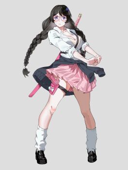 Rule 34 | 1girl, absurdres, alternate costume, bakemonogatari, bandaid, bandaid on face, black cardigan, black hair, black shoes, bow, braid, breasts, camisole, cardigan, cardigan around waist, cleavage, closed mouth, clothes around waist, collarbone, collared shirt, commentary, firstdayiyui, full body, glasses, gun, hair ornament, hairclip, handgun, hanekawa tsubasa, high-waist skirt, highres, holster, holstered, katana, kneehighs, large breasts, loafers, long hair, long sleeves, looking at viewer, loose socks, low twin braids, miniskirt, monogatari (series), nekomonogatari, partially unbuttoned, pink-framed eyewear, pink skirt, pink sword, pleated skirt, purple eyes, round eyewear, scabbard, school uniform, sheath, sheathed, shirt, shirt tucked in, shirt under shirt, shoes, simple background, skindentation, skirt, sleeves rolled up, socks, solo, standing, stretching, sword, sword on back, untranslatable commentary, tactical school uniform, thigh holster, thigh strap, thighs, twin braids, unbuttoned, unbuttoned shirt, weapon, weapon on back, white background, white bow, white camisole, white shirt, white socks, wind, wind lift