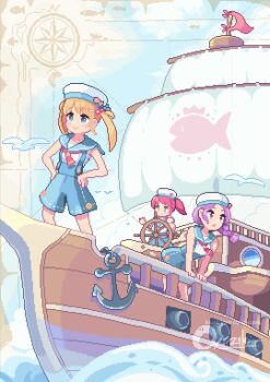 3girls :o animated animated_gif artist_name ascot bird blinking blonde_hair blue_eyes blue_sailor_collar blue_shorts braid cannon fish fish_hat_ornament flag hair_ornament hands_on_own_hips hat high-waist_shorts holding holding_telescope leaning_forward looping_animation multiple_girls one_eye_closed original oyuzaki_(ayuzaki) pixel_art purple_hair red_ascot red_hair sail sailor_collar sailor_hat seagull ship ship's_wheel shirt shorts sleeveless sleeveless_shirt smile standing suspenders telescope twintails water watercraft watermark