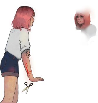 1girl angela_he bleeding blood cowboy_shot denim denim_shorts hand_on_own_arm looking_at_reflection missed_messages non-web_source official_art pink_hair reflection scissors self-harm serious shirt_tucked_in short_hair shorts sleeves_rolled_up solo sweater transparent_background white_sweater wrist_cutting