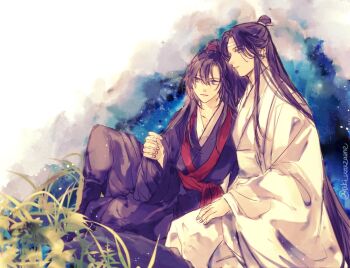 2boys aki_uzuzame black_boots black_hair black_hanfu boots chinese_clothes closed_mouth commentary_request couple cup grass grey_pants hanfu headband high_ponytail holding holding_cup knee_up lan_wangji light_particles light_smile long_hair long_sleeves looking_at_viewer male_focus modao_zushi multiple_boys outdoors pants ponytail red_sash robe sash sidelocks sitting topknot twitter_username very_long_hair watercolor_effect wei_wuxian white_hanfu white_headband white_robe wide_sleeves yaoi