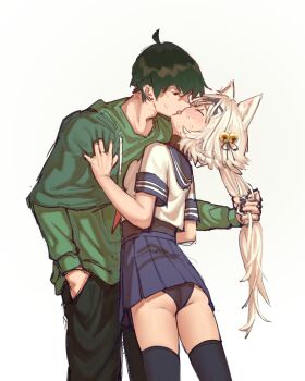 1boy 1girl ass black_panties cat_girl filian_(vtuber) french_kiss grabbing_another&#039;s_hair green_jacket hair_pulled_back height_difference highres holding_another&#039;s_hair indie_virtual_youtuber jacket kiss otjareniy panties school_uniform transparent_background underwear upskirt vedal987 virtual_youtuber white_hair