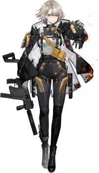 1girl black_boots black_gloves black_jacket black_pants black_shirt blush boots brown_hair bulletproof_vest burnt_clothes closed_mouth commentary_request girls&#039;_frontline girls&#039;_frontline_2:_exilium gloves gun hair_ornament hairpin highres holding holding_gun holding_weapon hood hooded_jacket jacket looking_at_viewer official_art open_clothes open_jacket pants shirt short_hair simple_background solo two-sided_fabric two-sided_jacket two-tone_gloves vector_(girls&#039;_frontline) vector_(girls&#039;_frontline_2) vest weapon white_background white_vest yellow_eyes yellow_gloves
