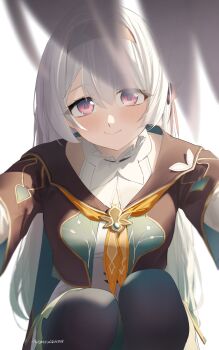 1girl 1other absurdres black_bow black_hairband black_jacket blush bow breasts closed_mouth commentary cryne firefly_(honkai:_star_rail) frilled_shirt_collar frills gradient_hair green_hair green_thighhighs hair_bow hairband highres honkai:_star_rail honkai_(series) jacket large_breasts long_hair looking_at_viewer multicolored_hair pov purple_eyes shirt smile solo squatting thighhighs twitter_username very_long_hair white_hair white_shirt