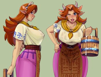 Rule 34 | animal ear hairband, animal ears, animal print, bikini, bikini visible through clothes, blue eyes, breasts, bucket, cow ear hairband, cow ears, cow girl, cow horns, cow print, cow print bikini, cremia, fake animal ears, fake horns, green background, hairband, highres, horns, large breasts, long hair, looking at viewer, milk, multiple views, nagainosfw, neckerchief, nintendo, one eye closed, orange hair, pelvic curtain, pink skirt, pointy ears, print bikini, shirt, short sleeves, simple background, skirt, smile, swimsuit, the legend of zelda, the legend of zelda: majora's mask, tongue, tongue out, white shirt, wooden bucket, yellow neckerchief