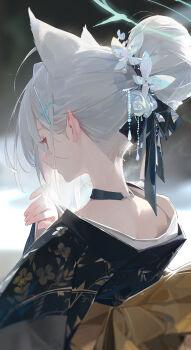 1girl alternate_costume animal_ears blue_archive choker commentary_request cross_hair_ornament extra_ears from_behind hair_ornament hand_up highres japanese_clothes kimono modare nape open_mouth shiroko_terror_(blue_archive) solo teeth upper_teeth_only wolf_ears wolf_girl