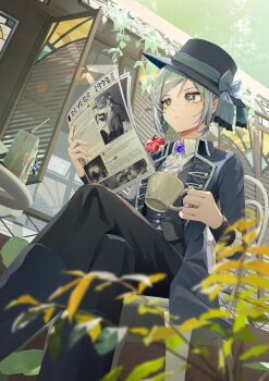 Rule 34 | 1girl, :<, absurdres, apple, apple (reverse:1999), ascot, black boots, black bow, black bowtie, black coat, black hat, black pants, black vest, blue bow, boater hat, boots, bow, bowtie, chair, coat, collared shirt, crossed legs, cup, feet out of frame, food, freckles, from below, fruit, glasses, grey eyes, grey hair, hair bun, hands up, hat, hat bow, highres, holding, holding cup, holding newspaper, jelmul, ms. radio, newspaper, on chair, outdoors, pants, plant, radio, reverse:1999, round eyewear, shirt, short hair, single side bun, sitting, solo, traditional bowtie, vertin (reverse:1999), vest, vines, waistcoat, white ascot, white shirt, window