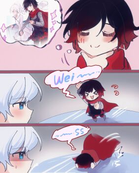 2girls :3 akane031 black_hair blush cape chibi closed_eyes face_down highres holding_hands ice_skates ice_skating multiple_girls one_eye_closed partially_shaded_face ponytail red_cape red_hair ruby_rose rwby scar scar_across_eye scar_on_face short_hair skates skating thinking tripping weiss_schnee white_hair yuri