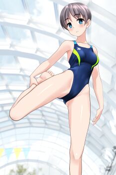 1girl absurdres blue_eyes blue_one-piece_swimsuit breasts commentary_request competition_swimsuit covered_navel feet_out_of_frame foot_up glass_ceiling grey_hair highleg highleg_one-piece_swimsuit highres leg_lift looking_at_viewer medium_breasts multicolored_swimsuit one-piece_swimsuit original short_hair solo stretching string_of_flags swimsuit takafumi variant_set