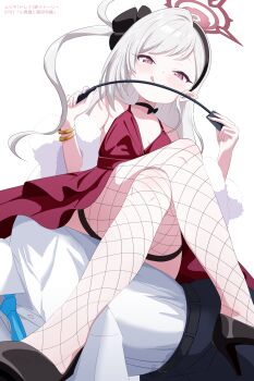 1boy 1gen_sinkun 1girl :q black_choker black_pants blue_archive blue_necktie blush bracelet breasts choker closed_mouth crossed_legs dress fishnet_thighhighs fishnets grey_hair hair_ornament halo high_heels holding holding_riding_crop holding_whip jewelry licking_lips loli long_hair looking_at_viewer mutsuki_(blue_archive) mutsuki_(dress)_(blue_archive) necktie pants pointy_ears purple_eyes red_dress red_halo riding_crop shirt side_ponytail simple_background sitting sitting_on_person sleeveless sleeveless_dress small_breasts smile solo_focus thighhighs tongue tongue_out whip white_background white_hair white_shirt