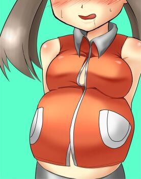 00s 1girl alternate_breast_size alternate_costume arms_behind_back blue_background blush breasts brown_hair female_focus green_background head_out_of_frame inflation licking_lips long_hair may_(pokemon) may_(pokemon_emerald) nintendo pokemon pokemon_rse pregnant refuto simple_background smile solo sweat tongue tongue_out vore