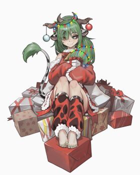 1girl animal_ears animal_print bell blue_eyes christmas_ornaments christmas_present cow_ears cow_girl cow_horns cow_print cow_tail cowbell crelly dress fang feet gift green_eyes green_nails heterochromia highres horns indie_virtual_youtuber leg_warmers legs long_sleeves paintrfiend red_eyes red_leg_warmers santa_costume santa_dress skin_fang tail thighs toes white_background