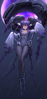 1girl absurdres ahoge armored_footwear armored_shoes bare_shoulders breasts cleavage covered_navel detached_sleeves frills glowing glowing_eyes goddess_of_victory:_nikke hair_between_eyes hair_intakes heretics_(nikke) highres jellyfish jellyfish_girl leotard liberalio_(nikke) long_sleeves looking_at_viewer medium_breasts noorung pantyhose purple_hair purple_trim red_eyes short_hair sleeves_past_fingers sleeves_past_wrists solo white_leotard white_pantyhose