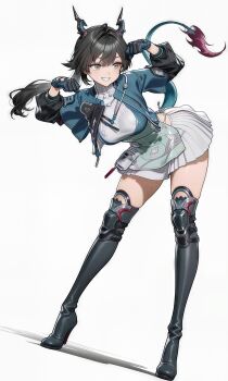 Rule 34 | 1girl, absurdres, aqua jacket, arknights, arknights: endfield, black boots, black gloves, black hair, boots, breasts, brown eyes, chen qianyu (arknights), commentary request, cropped jacket, dragon girl, dragon horns, dragon tail, eastern dragon horns, eastern dragon tail, full body, gloves, grey background, highres, horns, jacket, kami kuro8, long hair, looking to the side, medium breasts, open clothes, open jacket, poleyn, ponytail, shirt, simple background, skirt, smile, solo, tail, teeth, thigh boots, thighhighs, white shirt, white skirt, zettai ryouiki