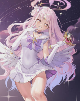 1girl absurdres alternate_costume blue_archive blush ddungddang elbow_gloves feathered_wings flower gloves grin hair_bun hair_flower hair_ornament hair_scrunchie halo highres holding holding_staff long_hair magical_girl mika_(blue_archive) pink_hair purple_flower purple_halo sailor_collar scrunchie shirt sidelocks single_side_bun skirt sleeveless sleeveless_shirt smile solo staff white_gloves white_sailor_collar white_scrunchie white_shirt white_skirt white_wings wings yellow_eyes