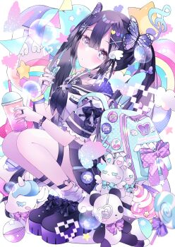 1girl aoi_yugina backpack bag black_hair black_skirt blush bow butterfly_hair_ornament candy colorful commission cup drinking_straw food hair_ornament hairclip heart heart_hair_ornament highres holding jewelry lollipop long_hair looking_at_viewer nail_polish original pink_eyes pleated_skirt rainbow ring sailor_collar school_uniform sensitive serafuku shirt shoes short_sleeves skirt socks solo squatting stuffed_animal stuffed_rabbit stuffed_toy teddy_bear twintails white_shirt x_hair_ornament