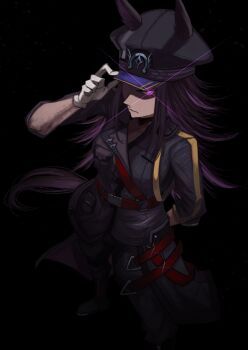 Rule 34 | 1girl, absurdres, animal ears, black hair, black jacket, black pants, black shirt, closed mouth, commentary request, ears through headwear, fenomeno (black flames of the righteous spirit) (umamusume), fenomeno (umamusume), flipped hair, gloves, glowing, glowing eye, hasewo, hat, highres, horse ears, horse girl, horse tail, horseshoe hat ornament, horseshoe ornament, jacket, long hair, long sleeves, looking at viewer, multicolored hair, pants, peaked cap, purple eyes, purple hair, shirt, tail, umamusume, white gloves