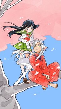 1boy 1girl animal_ears barefoot bead_necklace beads black_hair blue_sky brown_eyes brown_shoes dog_ears falling_petals floating_hair full_body green_sailor_collar green_skirt hakama hand_on_another's_shoulder highres higurashi_kagome in_tree indian_style inuyasha inuyasha_(character) japanese_clothes jewelry kamerimuu loafers long_hair looking_at_another neckerchief necklace outdoors parted_lips petals pink_petals pleated_skirt red_hakama red_neckerchief sailor_collar school_uniform shirt shoes sidelocks sitting skirt sky smile socks teeth tooth_necklace tree white_hair white_shirt white_socks yellow_eyes