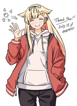 1girl alternate_costume anchor_earrings barbell_piercing black_pants commentary_request dated ear_piercing earrings grin hair_flaps hand_in_pocket hood hooded_sweater industrial_piercing jacket jewelry kantai_collection long_hair multiple_piercings pants piercing red_jacket samusara signature simple_background smile solo sweater thank_you waving white_background white_sweater yuudachi_(kancolle) yuudachi_kai_ni_(kancolle)