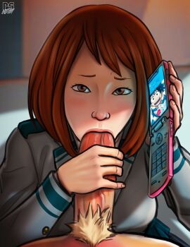 Rule 34 | 1boy, 1girl, absurdres, artist name, bakugou katsuki, boku no hero academia, cheating (relationship), fake phone screenshot, fake screenshot, fellatio, fingernails, hetero, highres, midoriya izuku, oral, penis, phone, ponpu (pumpkinsinclair), pov, pov crotch, solo focus, uncensored, uraraka ochako, veins, veiny penis