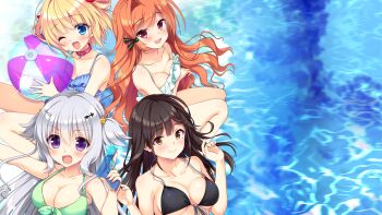 4girls :d ;d aizawa_yukari animal_collar arm_under_breasts arrow_hair_ornament ball bare_shoulders beachball bikini black_bikini black_hair blonde_hair blue_bikini blue_eyes blunt_bangs blush bow bow_bikini breasts breasts_squeezed_together brown_eyes cleavage closed_mouth collar collarbone cover day eyes_visible_through_hair fang feet_out_of_frame floating_hair frilled_bikini frills front-tie_bikini_top front-tie_top fuuga_himeno fuyuichi_monme green_bow green_ribbon grey_hair hair_between_eyes hair_bow hair_intakes hair_ornament hair_ribbon hair_rings halterneck hands_up happy highres holding holding_ball holding_beachball holding_water_gun inuya_komaru large_breasts long_hair looking_at_viewer lower_teeth_only medium_hair mole mole_under_eye multiple_girls official_art one_eye_closed open_mouth orange_hair outdoors outstretched_arm pink_collar purple_eyes red_bow red_eyes ren'ai_hajimemashite ribbon sacraneco sidelocks sitting skin_fang small_breasts smile star_(symbol) star_hair_ornament swimsuit teeth tenshi-chan_(ren'ai_hajimemashite) tress_ribbon two_side_up unasaka_ryou upper_body very_long_hair video_game_cover w_arms water water_gun wavy_hair white_bikini yuunagi_seshina