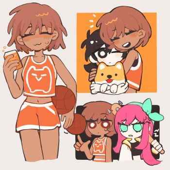 Rule 34 | 3girls, :3, :d, ^ ^, animal, antenna hair, aubrey (faraway) (omori), aubrey (omori), ball, bare arms, bare shoulders, baseball bat, basketball (object), black eyes, black hair, blush, bow hairband, breasts, bright pupils, brown hair, can, closed eyes, closed mouth, cropped legs, cropped torso, dark-skinned female, dark skin, dog, genderswap, genderswap (mtf), green eyes, green hairband, grey background, hair behind ear, hair between eyes, hairband, hashtag-only commentary, hector (omori), highres, holding, holding animal, holding baseball bat, holding can, holding dog, hug, index finger raised, kel (faraway) (omori), kel (omori), long hair, low twintails, midriff, multiple girls, nail (hardware), nail bat, navel, no nose, no pupils, omori, one eye closed, open mouth, orange shorts, orange tank top, paperbubu, parted lips, pink hair, sailor collar, short hair, shorts, simple background, small breasts, smile, sunny (omori), sweat, sweatdrop, tank top, teeth, twintails, upper teeth only, white pupils, white trim, yellow sailor collar