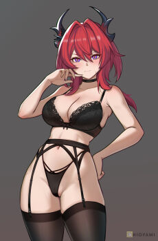 Rule 34 | 1girl, absurdres, arknights, arknights: endfield, artist name, black bra, black garter belt, black panties, black thighhighs, bra, breasts, cleavage, closed mouth, garter belt, hair between eyes, hand on own hip, highres, hioyami, horns, laevatain (arknights), large breasts, light blush, lingerie, long hair, looking at viewer, navel, panties, purple eyes, red hair, solo, surtr (arknights), thighhighs, underwear