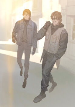 2boys black_gloves black_jacket brown_hair cigarette eyepatch full_body gloves grin gundam gundam_00 hand_in_pocket highres huangdanlan jacket lockon_stratos male_focus multiple_boys multiple_persona outdoors pants parted_lips short_hair smile smoking standing vest