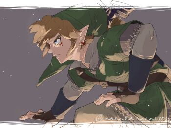 1boy blonde_hair blood blood_on_face blue_eyes brown_gloves collared_shirt earrings fingerless_gloves furrowed_brow gloves green_hat green_tunic grey_background grey_pants grey_shirt hand_on_own_leg hat highres injury jewelry link male_focus nanananana0706 nintendo pants parted_lips phrygian_cap pointy_ears shirt short_hair sketch solo the_legend_of_zelda the_legend_of_zelda:_skyward_sword tunic twitter_username